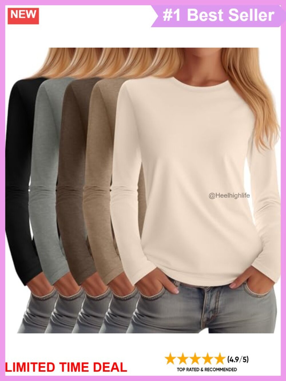 5 Pack Women's Crew Neck Long Sleeve T-Shirts Cotton Blend Pullover